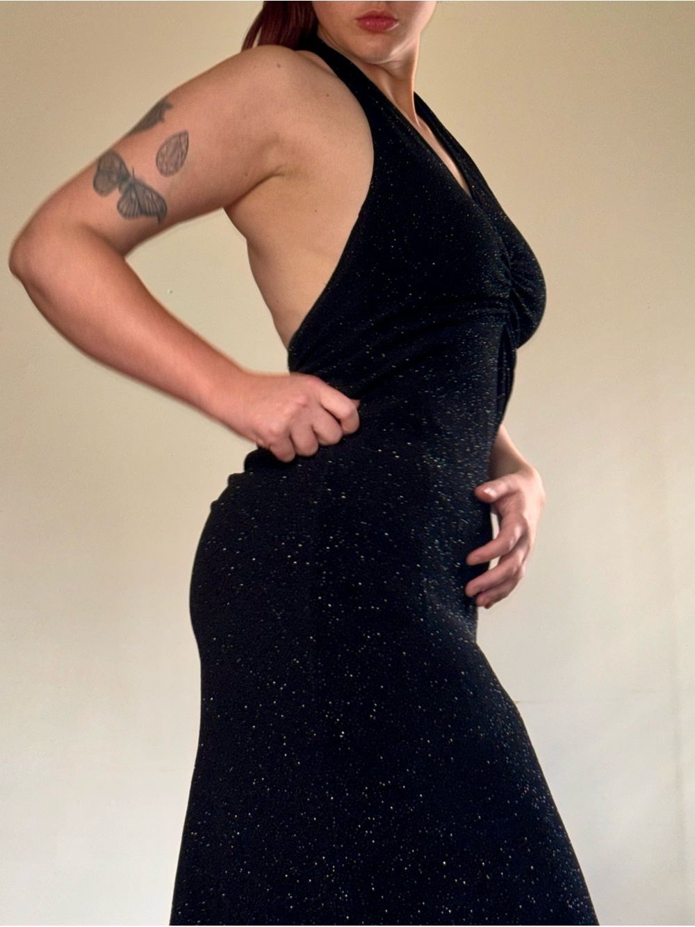 Black Glitter Halter Maxi Dress Open Back Formal Evening Gown Y2K Mermaid